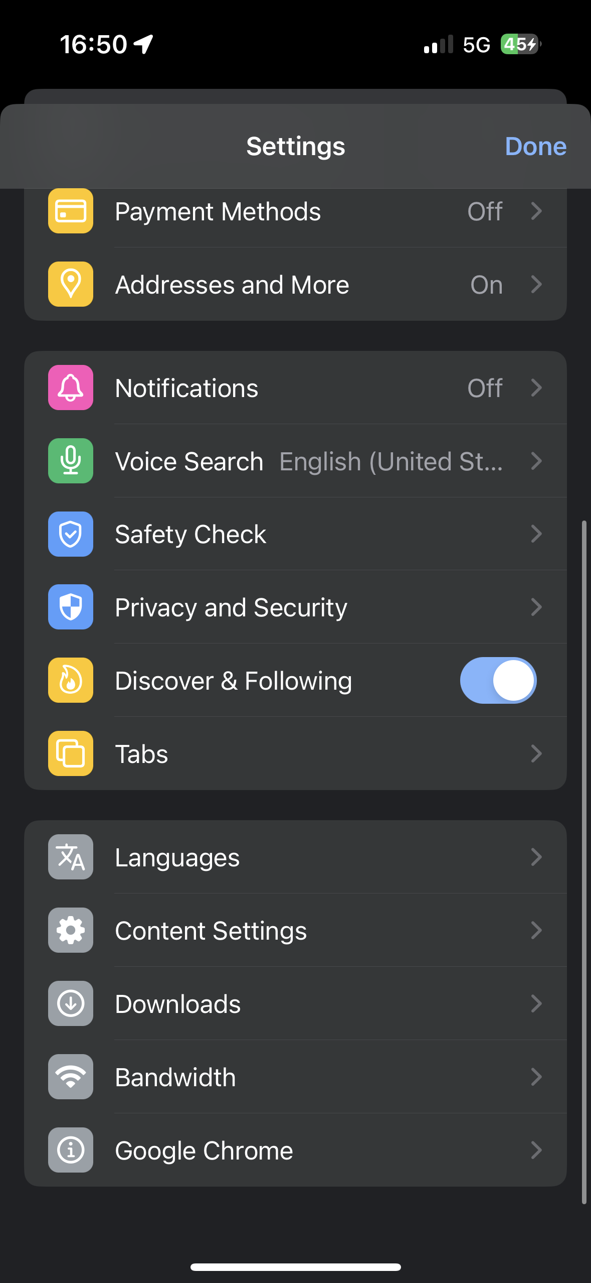 Chrome on iOS settings